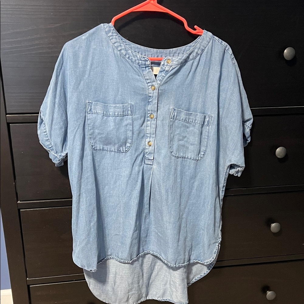 LOFT Light Blue Denim Button-Front Pullover Blouse